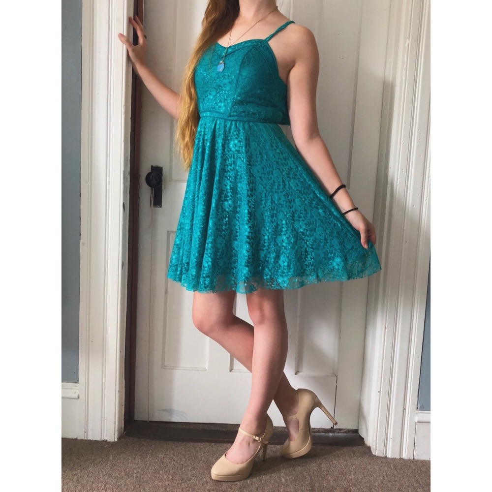 Turquoise Teal Floral Lace Dress with Straps